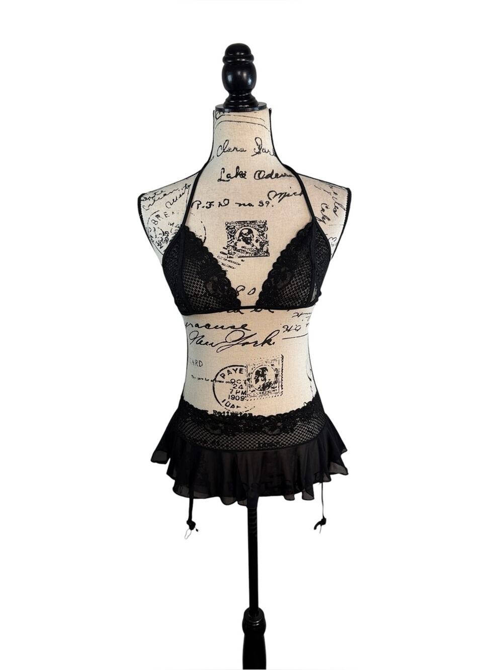 NEW! Black Lace Halter Triangle Bralette and Sheer Skirted Garter Set